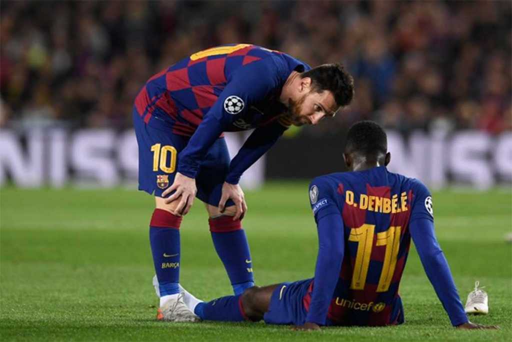 foto Ousmane Dembele dan Lionel Messi - Barcelona