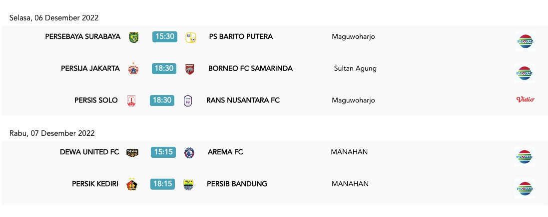 Jadwal Pertandingan Liga 1 Terbaru, Tanggal 5-7 Desember